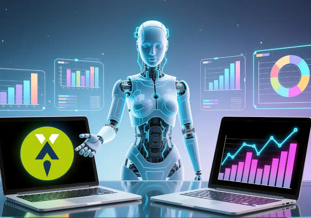 A futuristic AI agent displays colorful charts relevant to manufacturing.